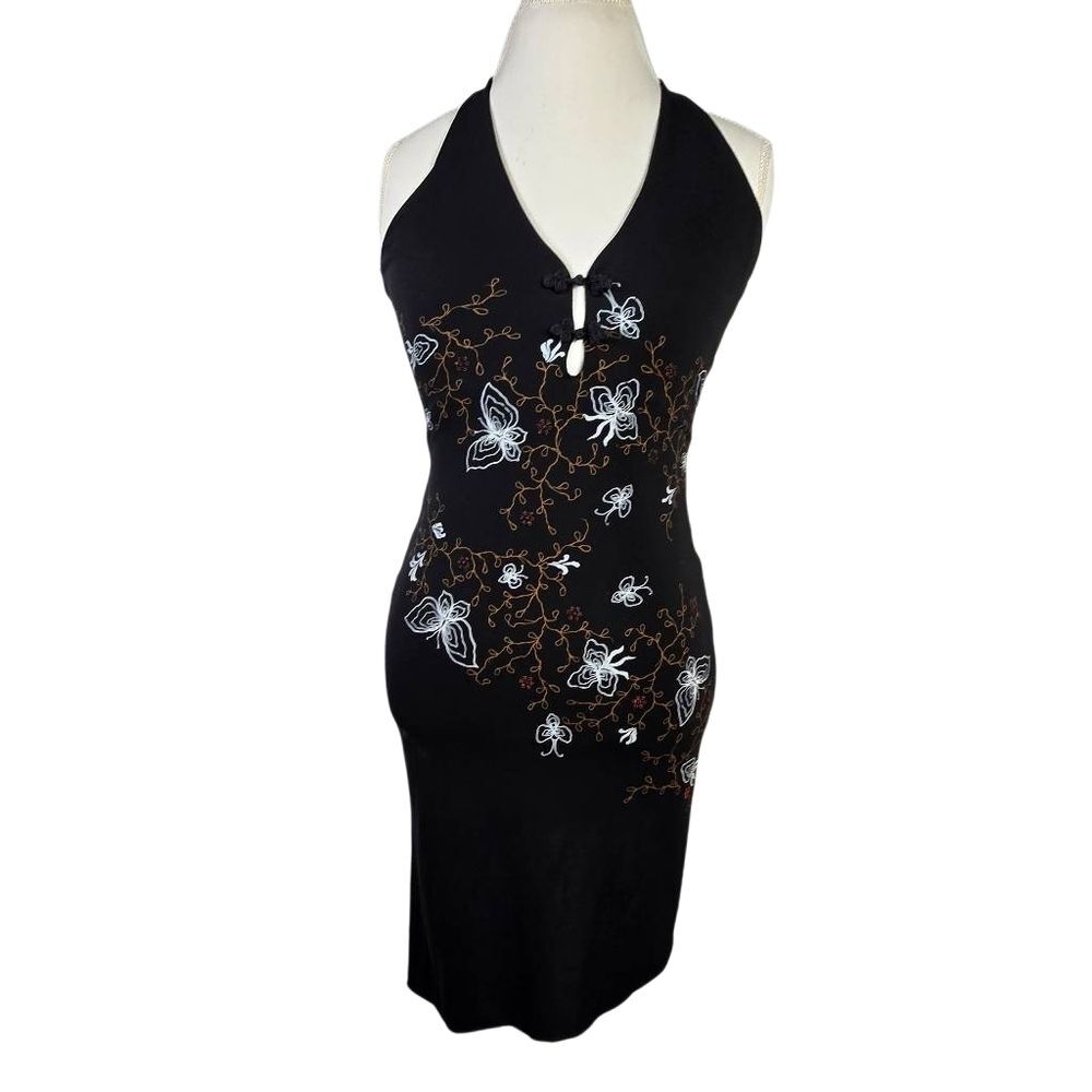 MINT Vingtage 70s Black Embroidered Halter Dress Butterfly Y2k